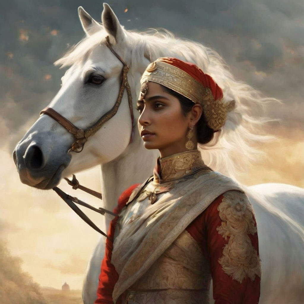 Heroic Rani of Jhansi Tends to Majestic White Horse