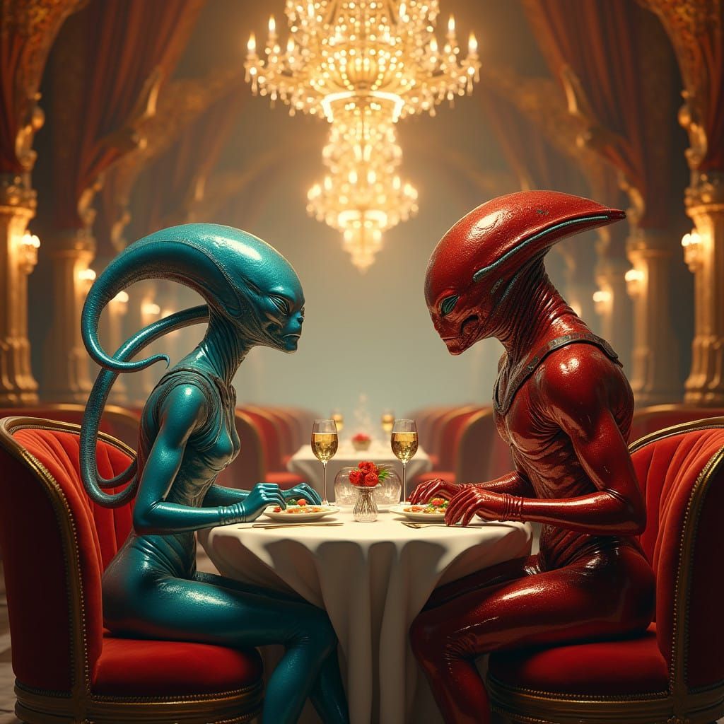 Elegant Aliens Dine in a Futuristic, Crystal-Lit Restaurant