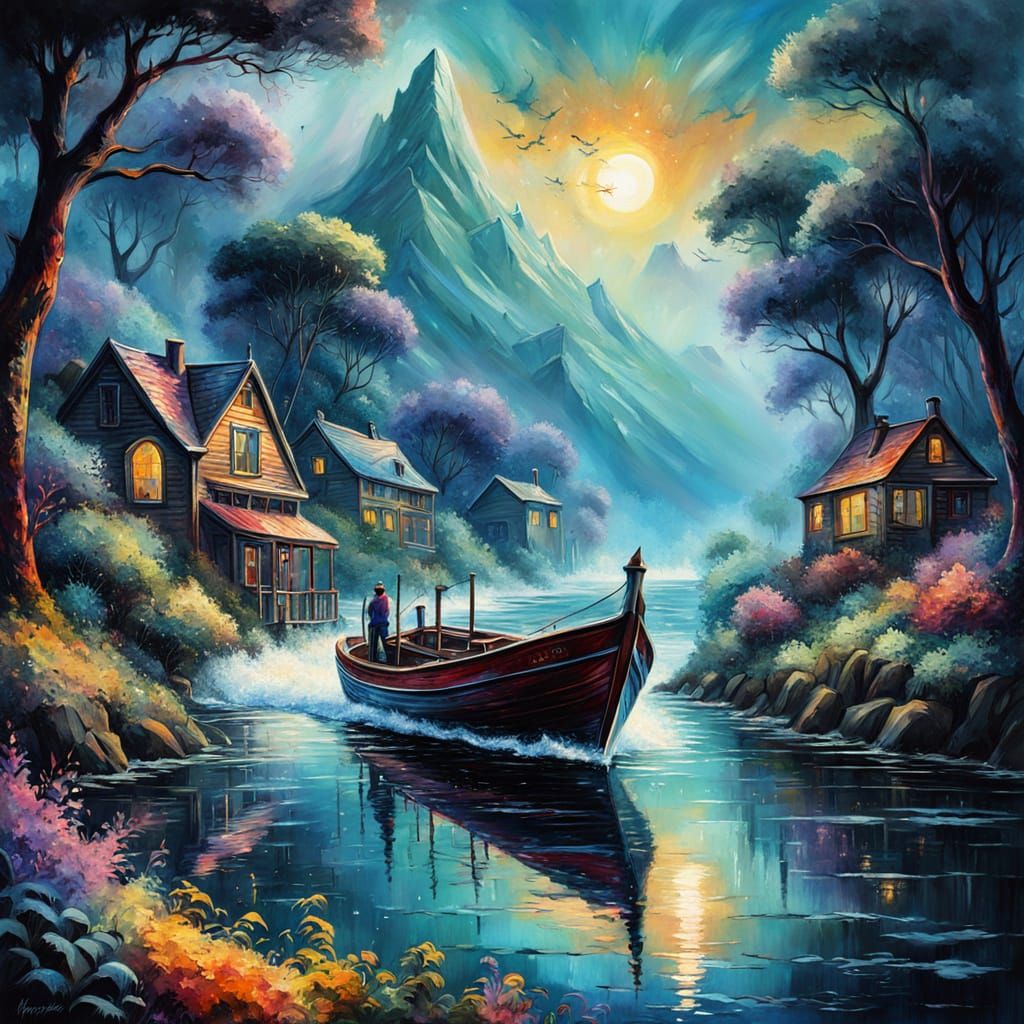 Colorful Sunset at Sea with Dolphins, Neo-Impressionism