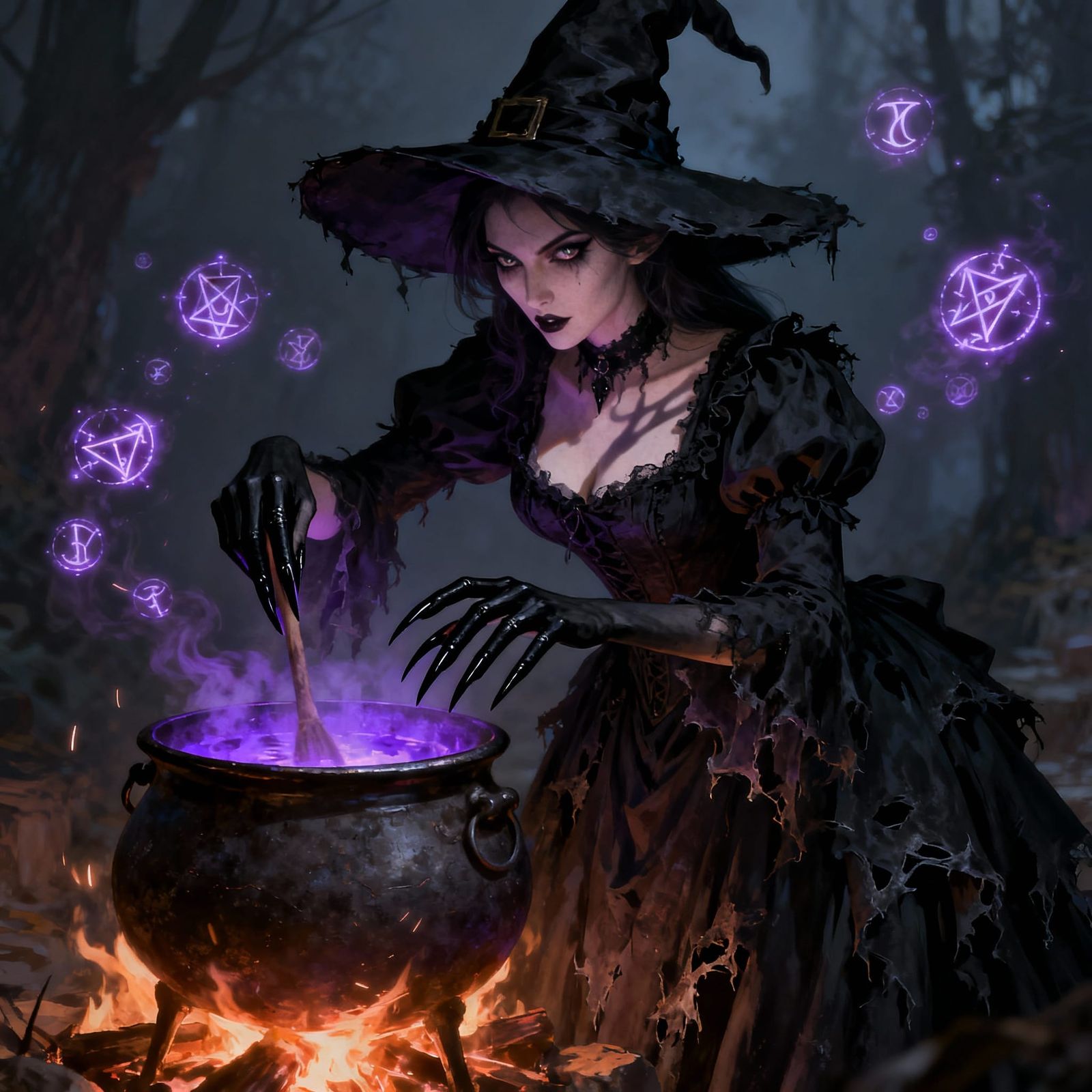 Wicked Witch Stirring Cauldron in Victorian Gown