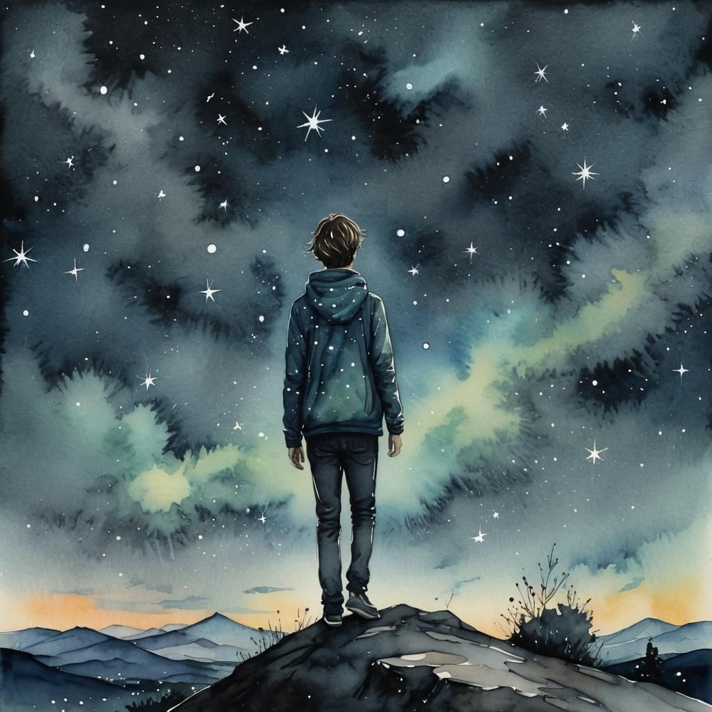 Lonely Figure Walks Under Starry Sky