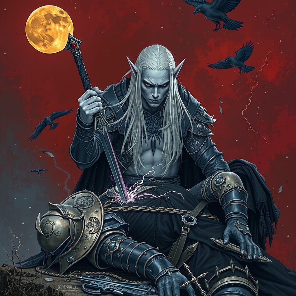 Albino Warrior with Soul-Absorbing Sword in Ominous Landscap...