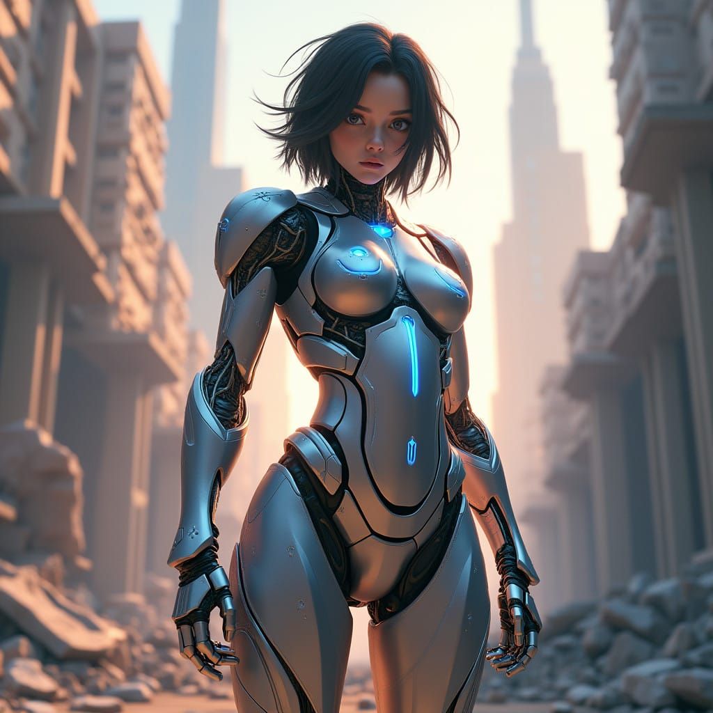 Cyborg Warrior Triumphs in Dystopian Ruins