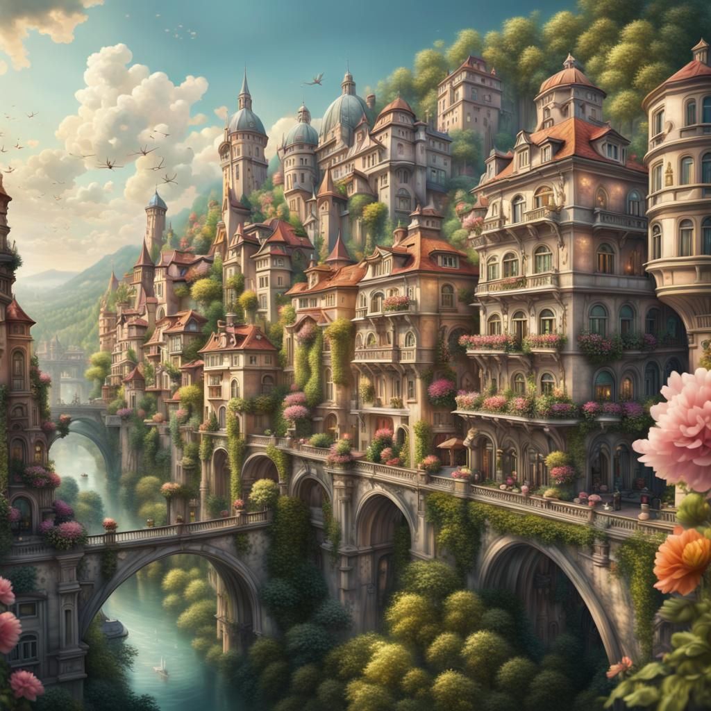 Renaissance Cityscape with Lush Forest and Viaducts
