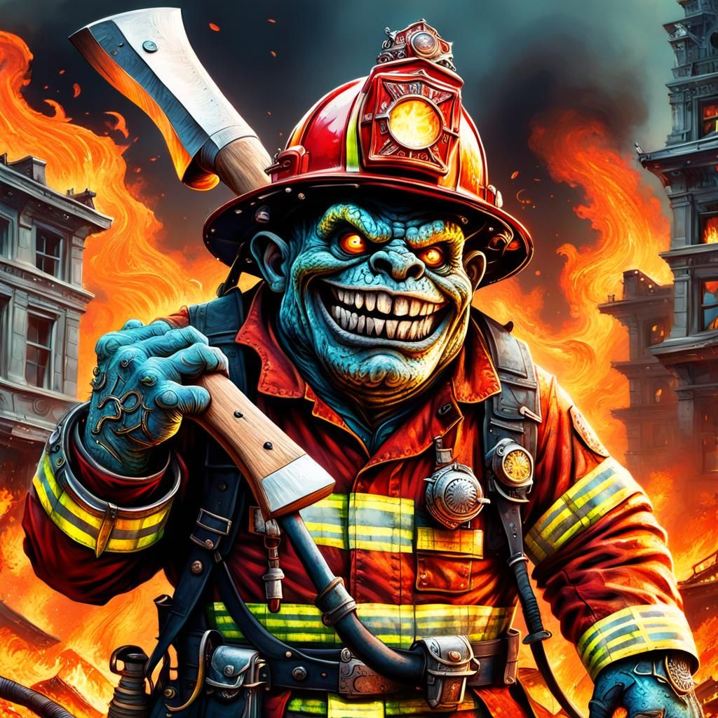 Grotesque Monster Fireman Fighting Fire in Dystopian City