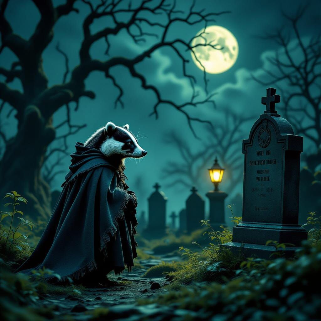 Badger in Cloak at Moonlit Graveyard