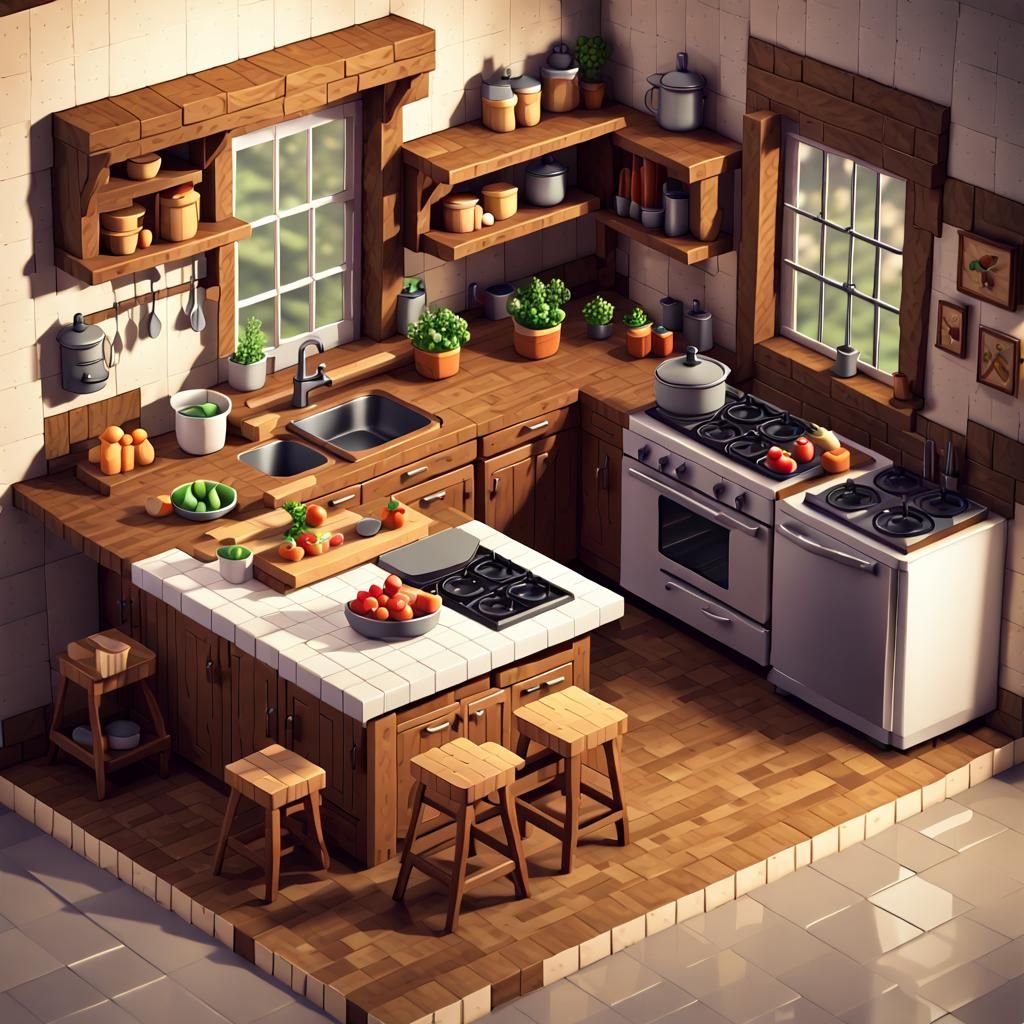 Rustic Farmhouse Kitchen in Pixel Art Style