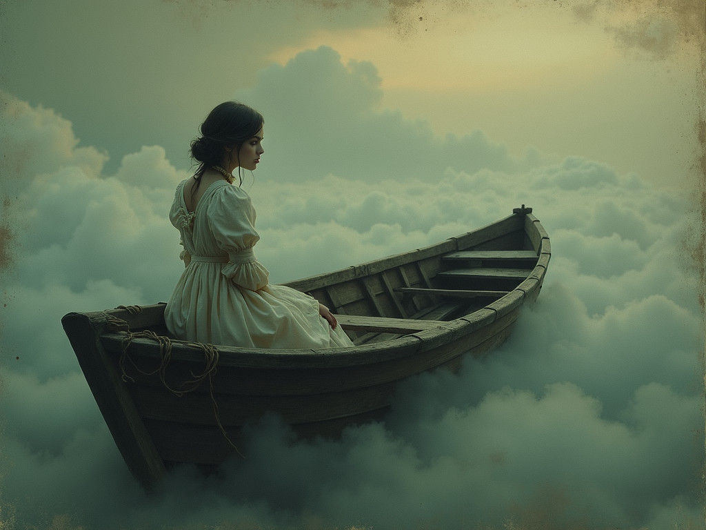 Victorian Woman Adrift in Dreamlike Cloudscape