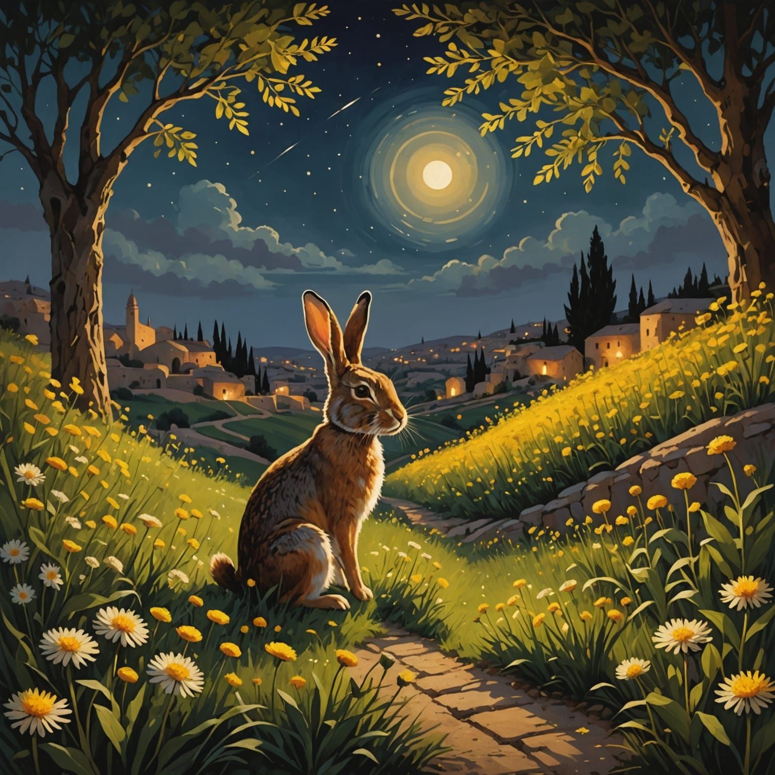 Palestinian Evening with Dandelions and Olive Branches