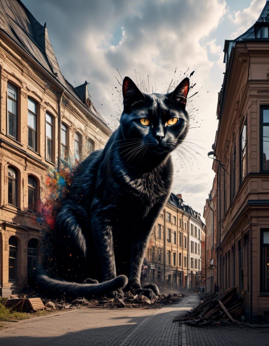 Giant Black Cat Crushes Riga: Graffiti Art