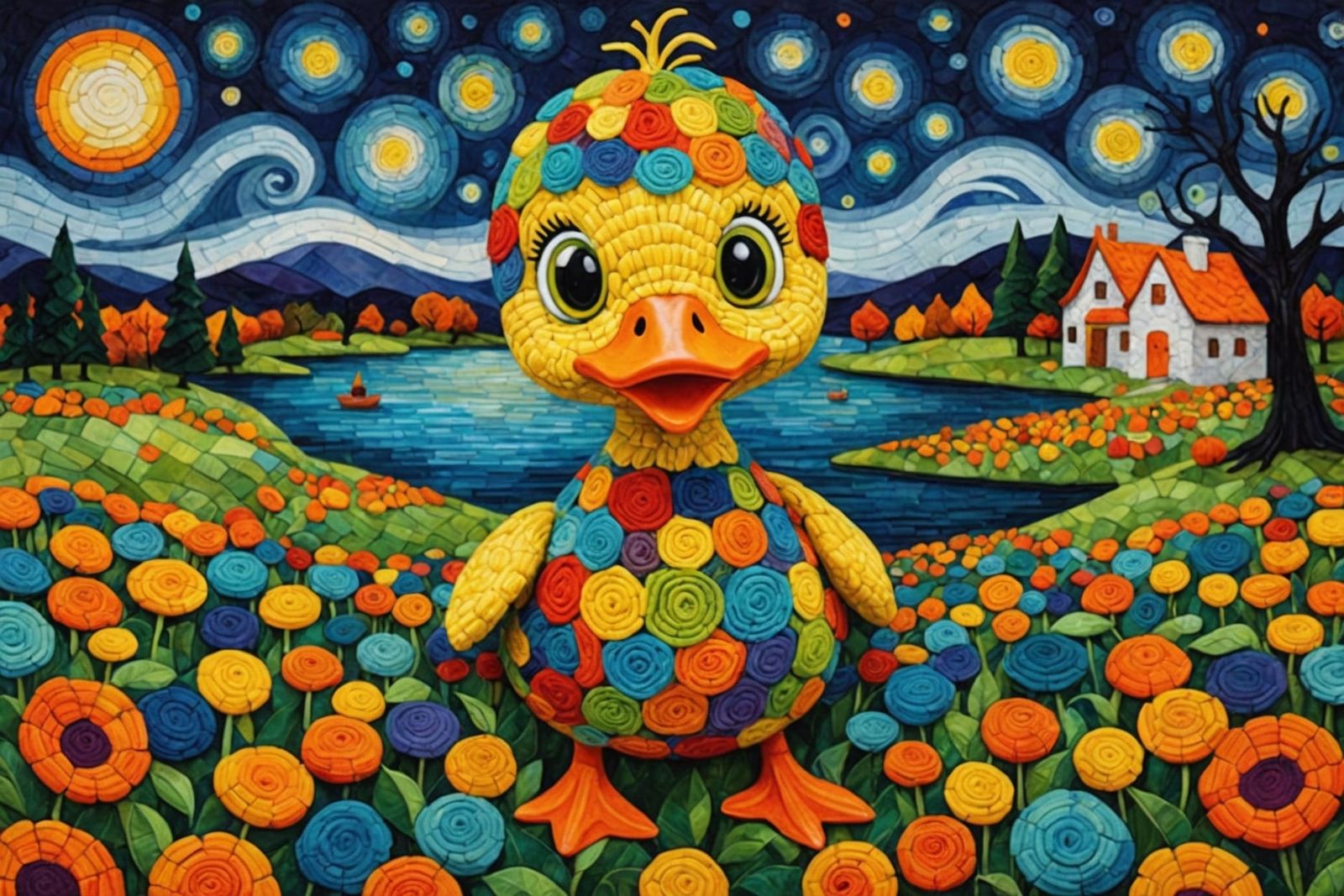 Cubist Crochet Halloween Duckling in Aquarelle Style