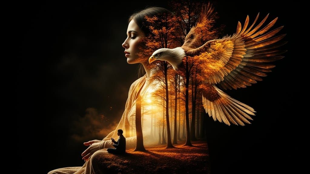 Native Spirit Double Exposure with Autumn Forest