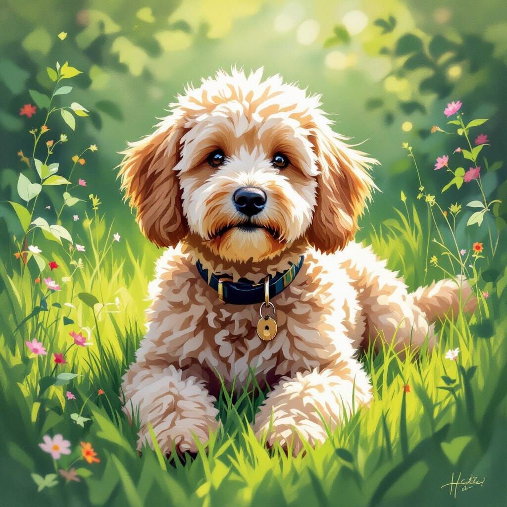 Golden Doodle in Lush Green Grass: Airbrush Art