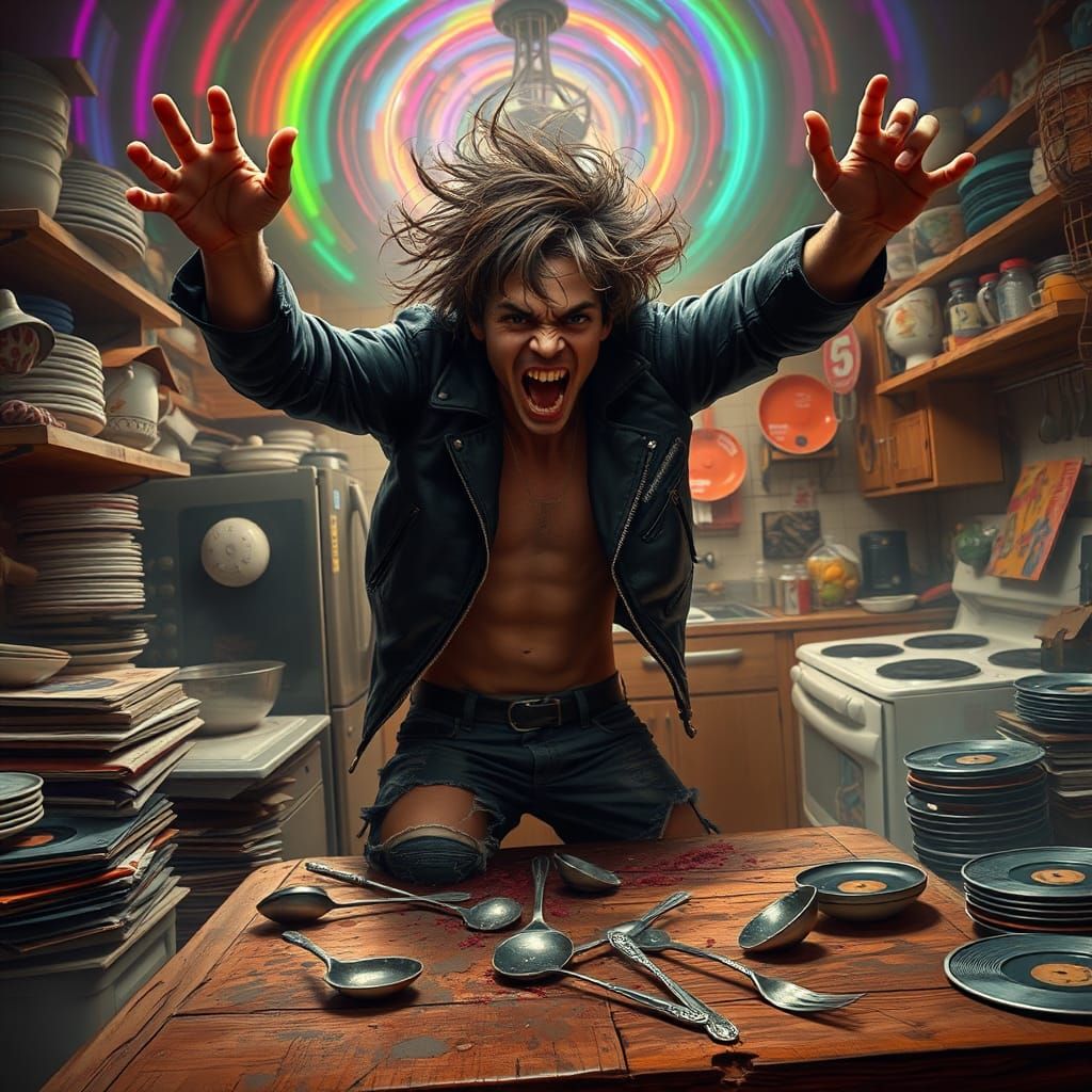 Energetic Headbanger in Cluttered Kitchen, Futuristic Art