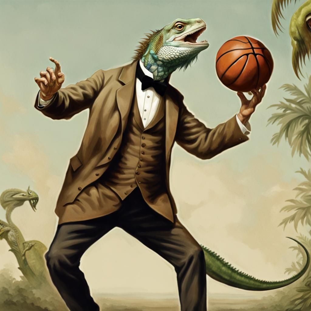 Darwin Dunks: An Iguana-Assisted Basketball Photo