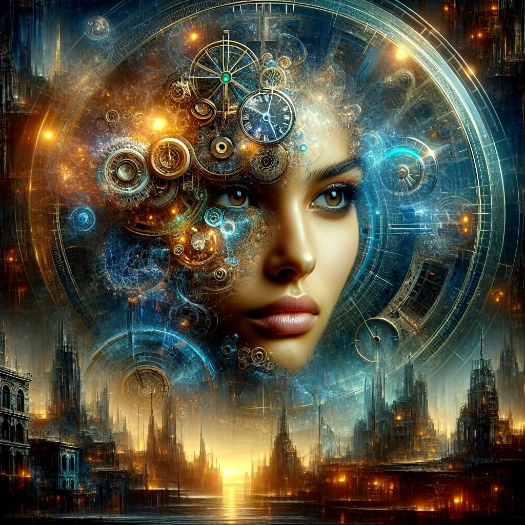 Steampunk Woman in Dystopian Cityscape: Digital Art