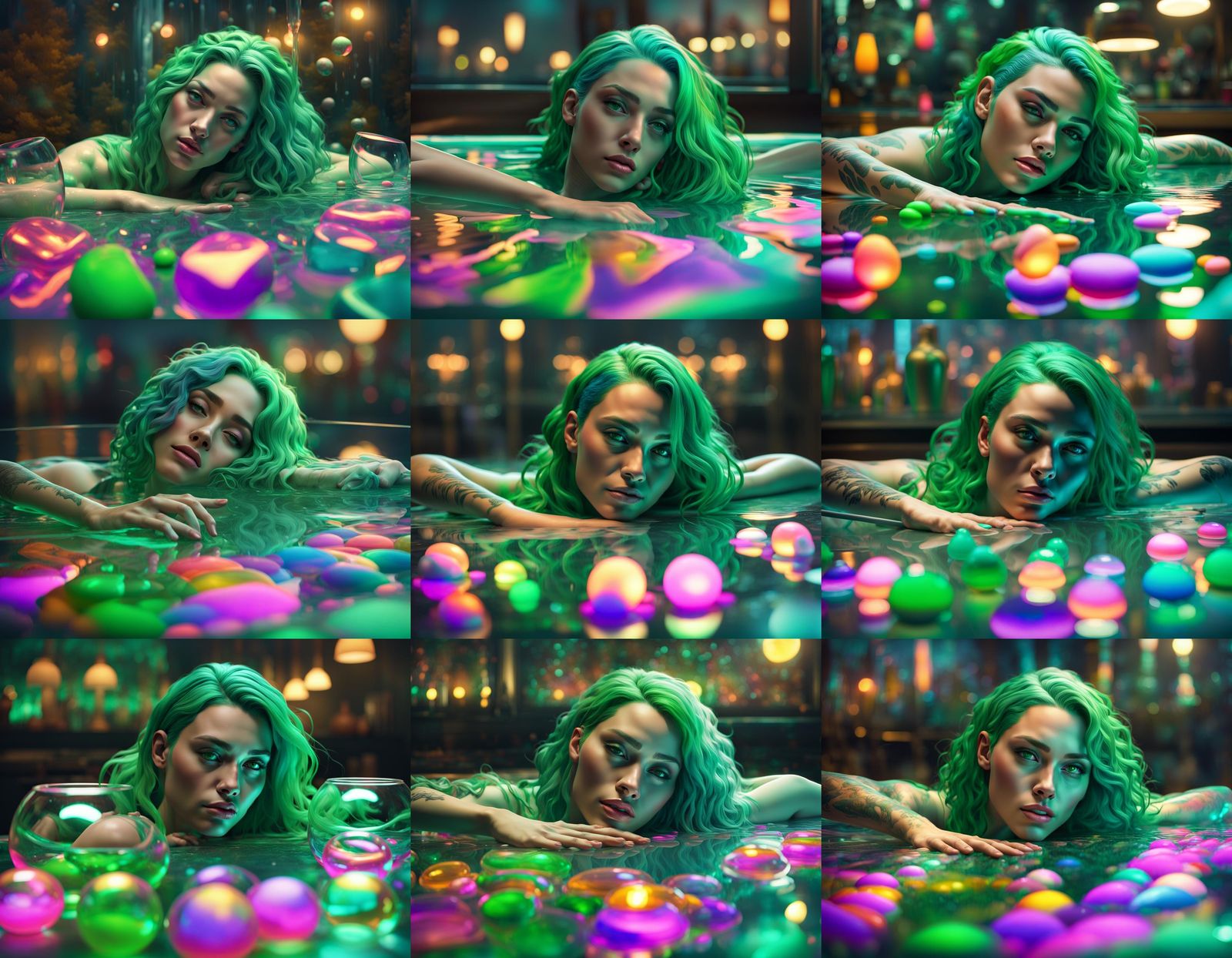 Green-Haired Woman in Glass Marbles: Hyperrealistic Concept ...