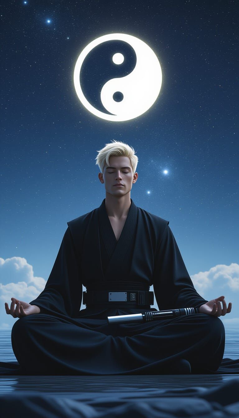 Jedi Meditation in Starfield with Yin-Yang Symbol