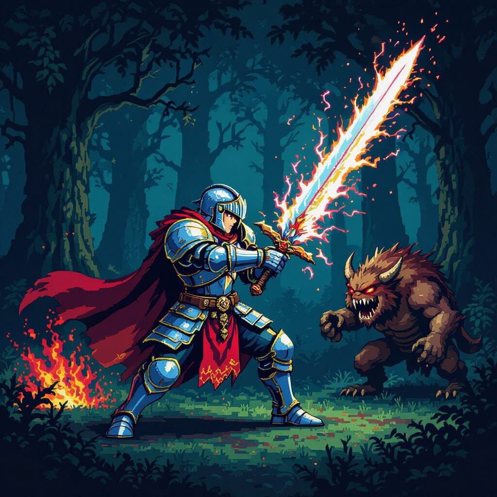 Pixelated Warrior Battles Grotesque Beasts in Dark Forest
