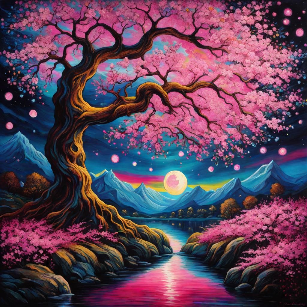 Bioluminescent Cherry Blossom Tree in Gothic Style