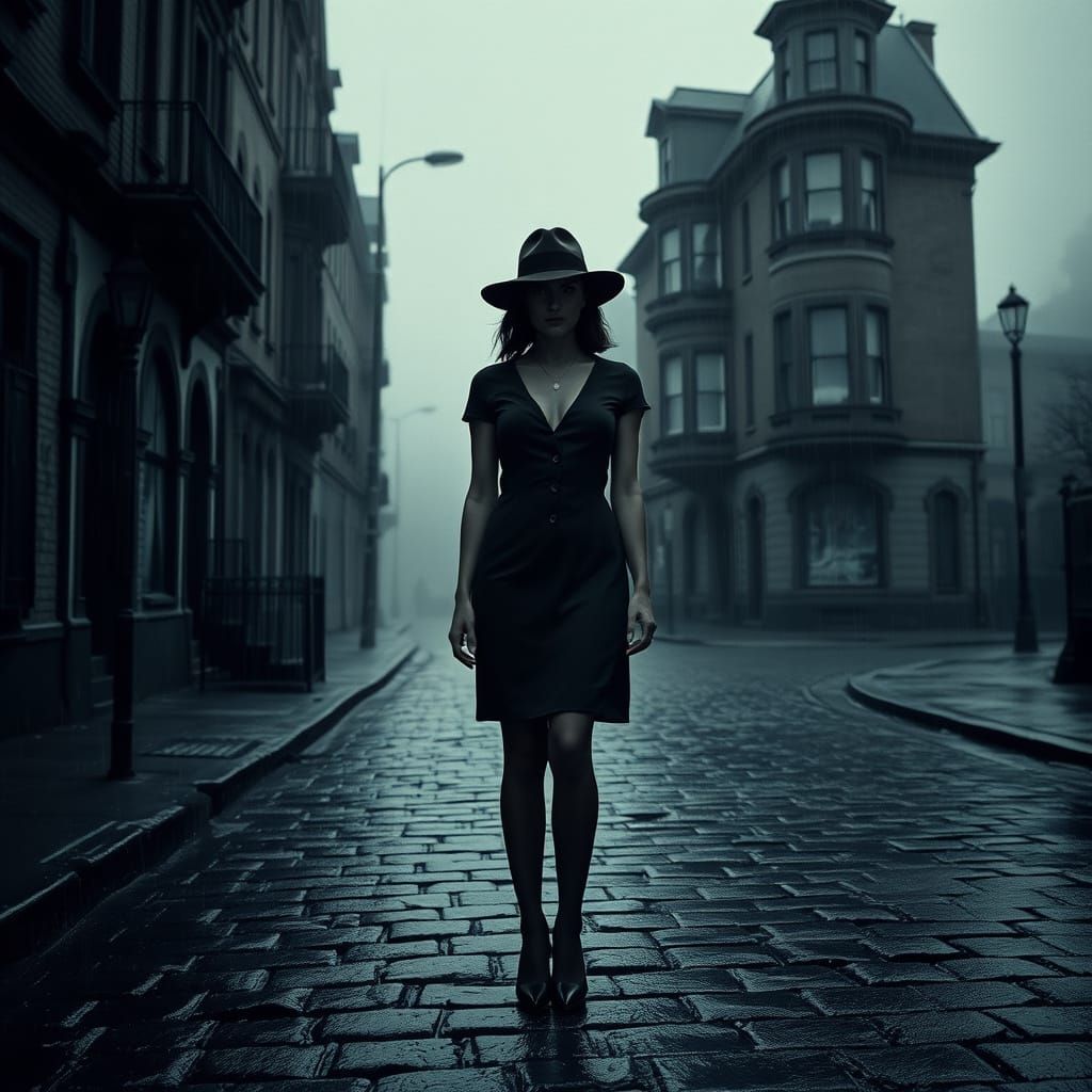 Enigmatic Woman on Rain-Slicked Street in Film Noir Style