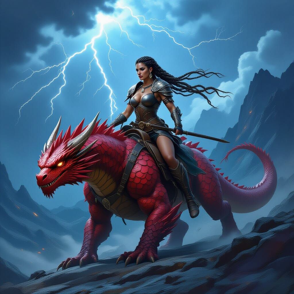 Warrior Woman Rides Dragon in Stormy Mountains
