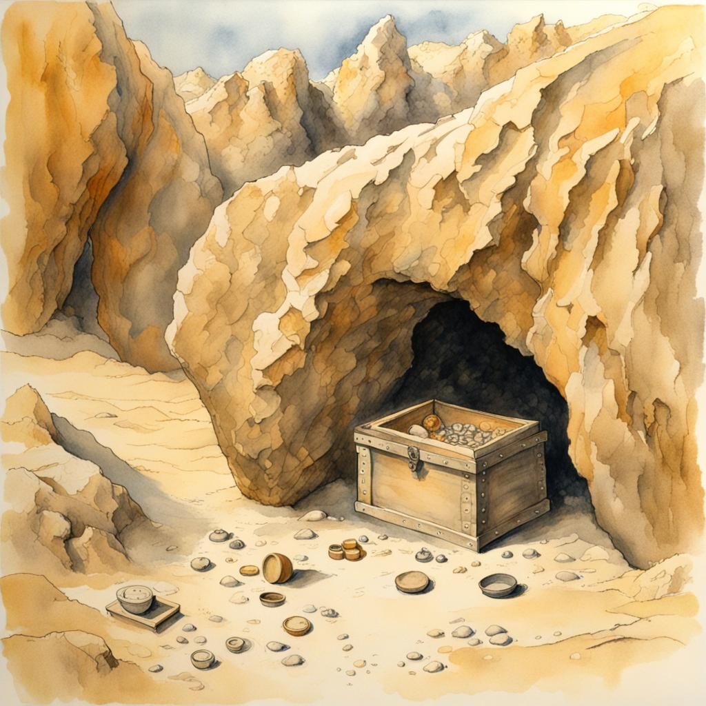 Treasure Chest in Cave, Watercolor Art