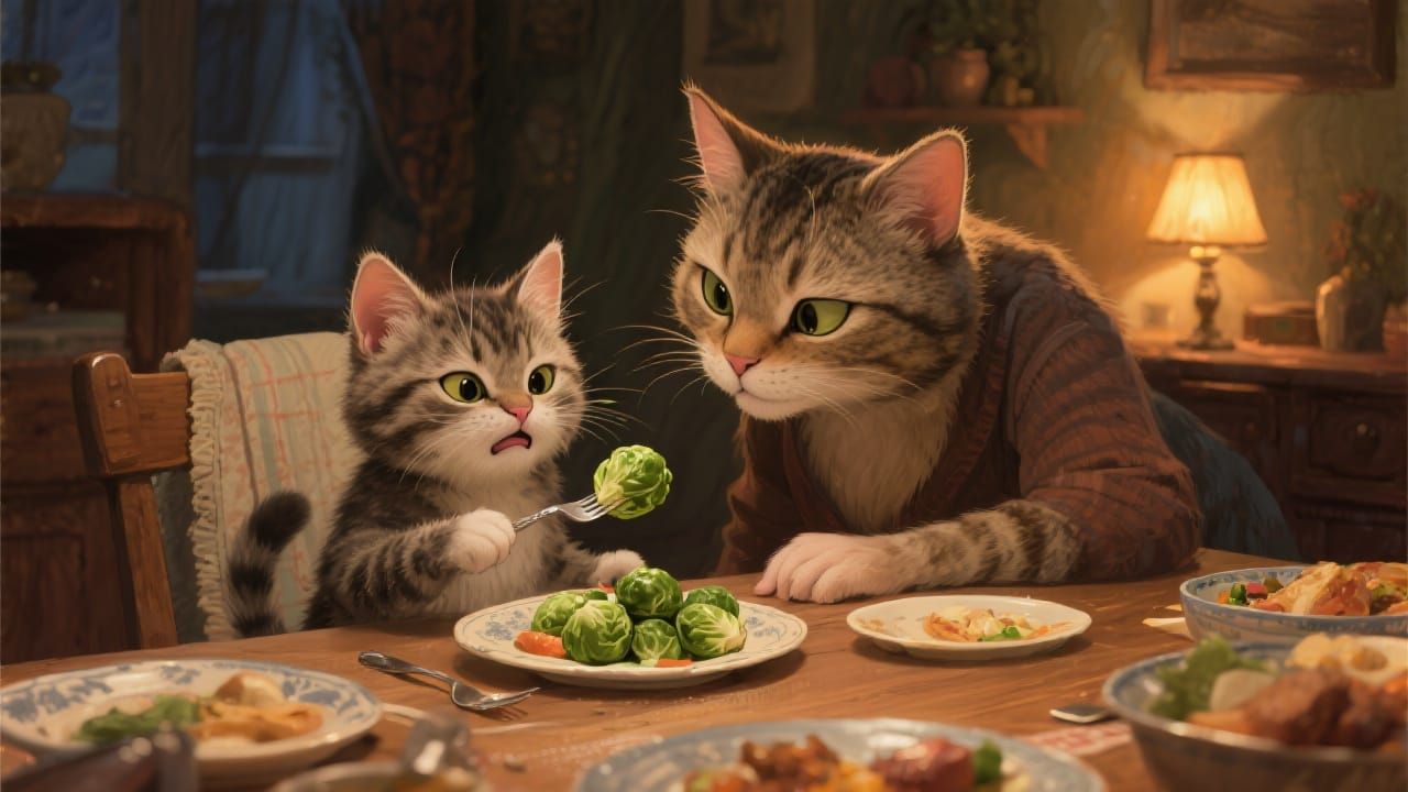 Cat Mother Encouraging Kitten to Eat Sprouts