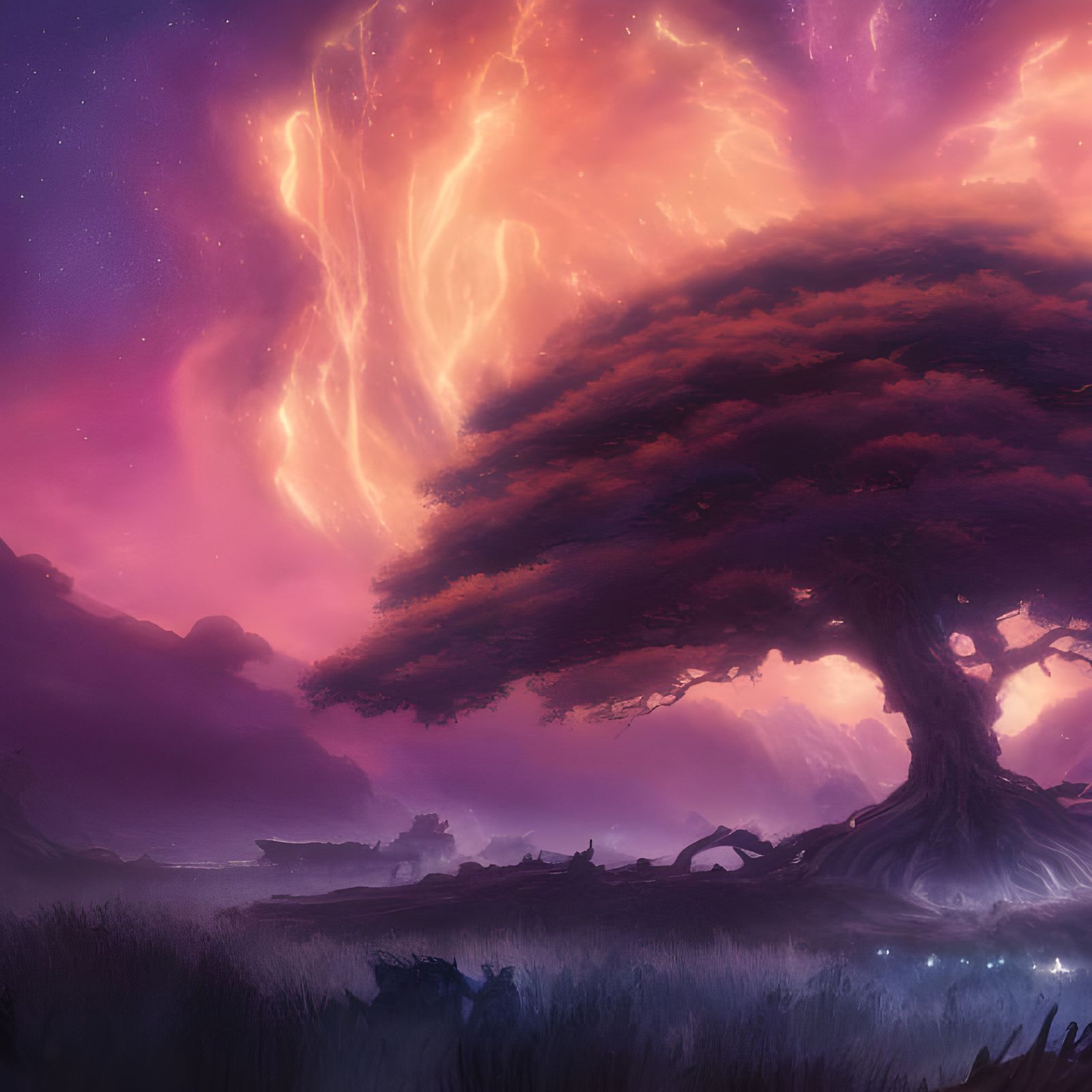 Epic Fantasy Landscape with Ancient Tree and Starry Sky