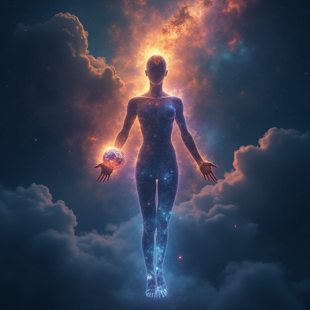 Starlight Celestial Being Holding Planet in Galaxy