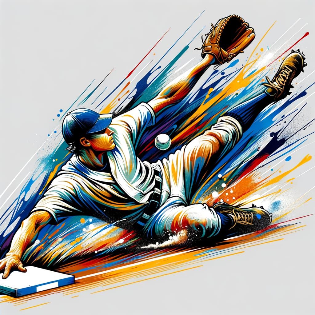 Baseball Player Slides into Third Base, Vintage Art Style