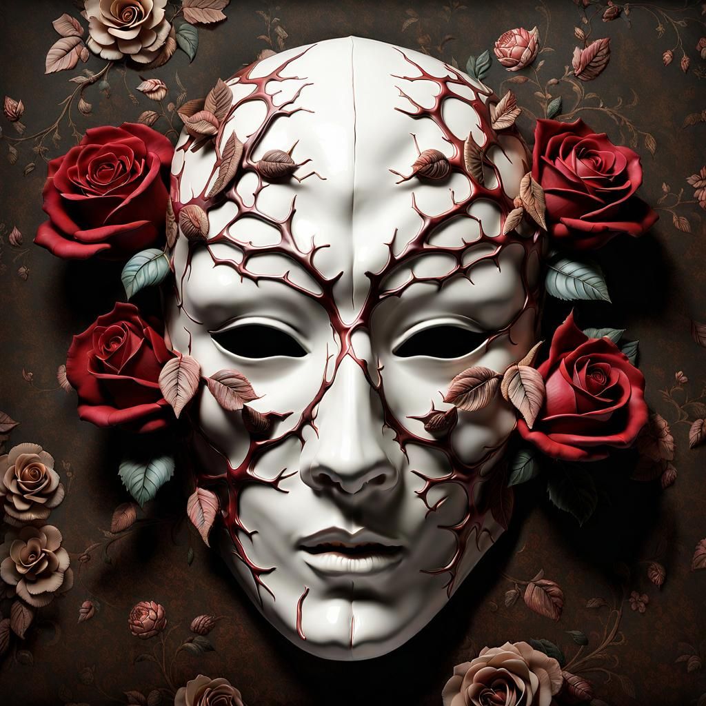 Cracked Porcelain Mask with Roses: Surreal Digital Art