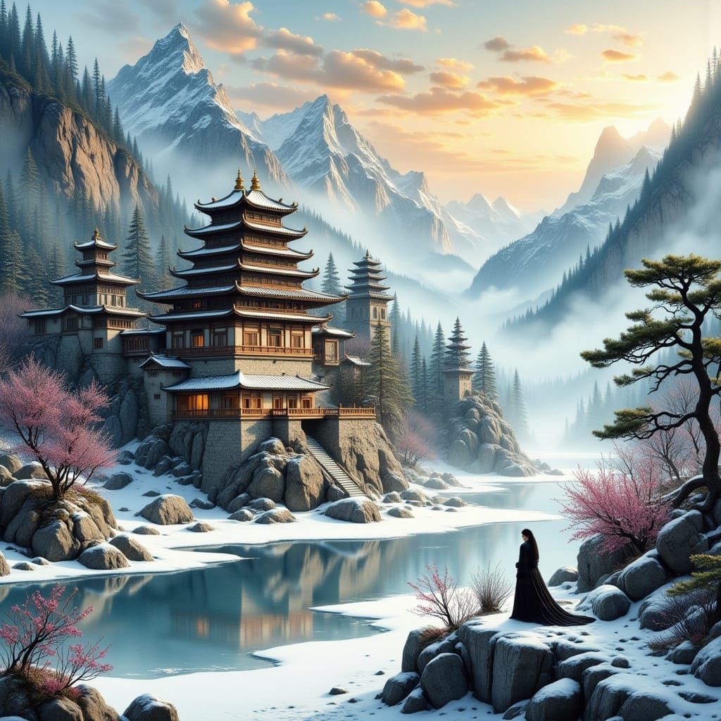 Mystical Shaolin Monastery in the Fjord of Winter