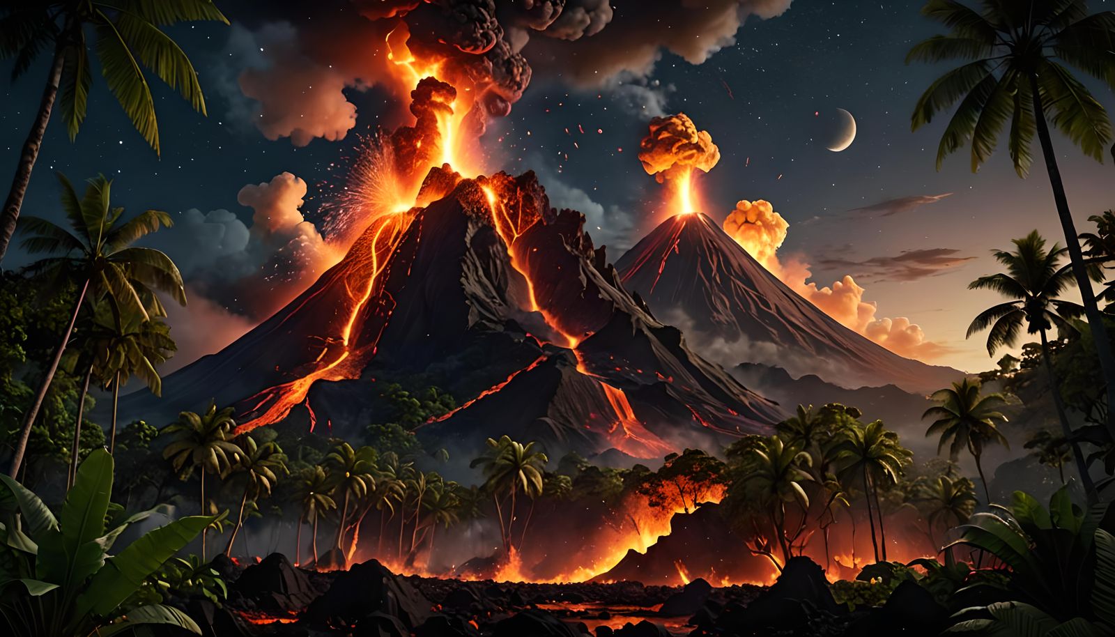 Volcanic Eruption in Jungle Under Starry Sky