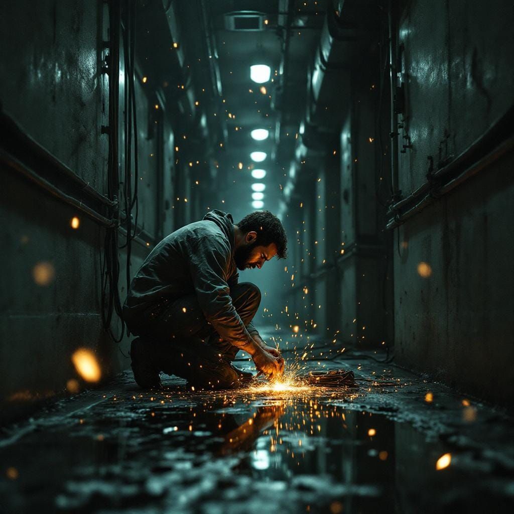 Crystalline Surrealism: Repairing Wires in a Dark Corridor