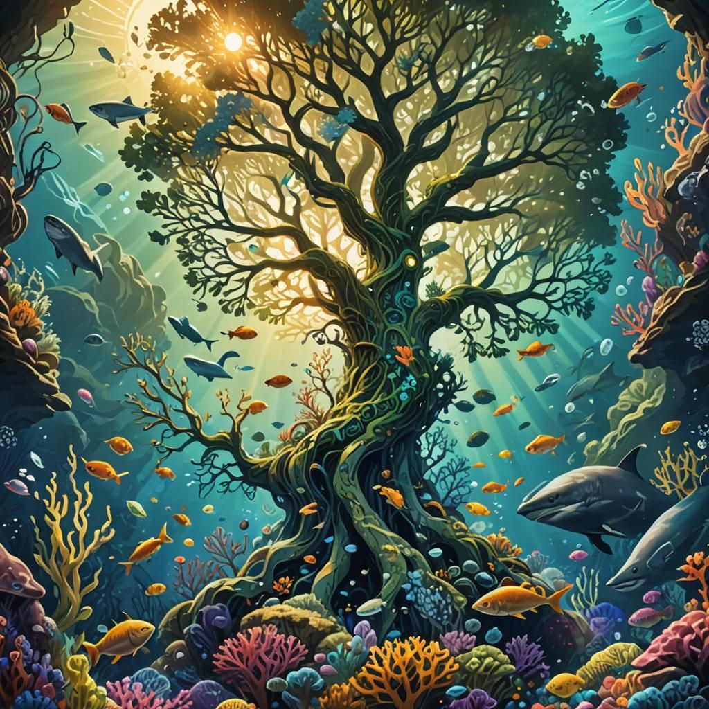Underwater Tree of Life in Fantasy Gouache Style