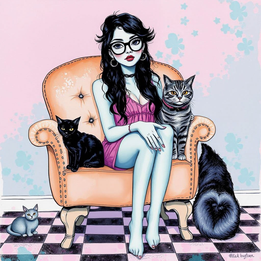 Goth Woman with Cats in Glitchcore Surrealism