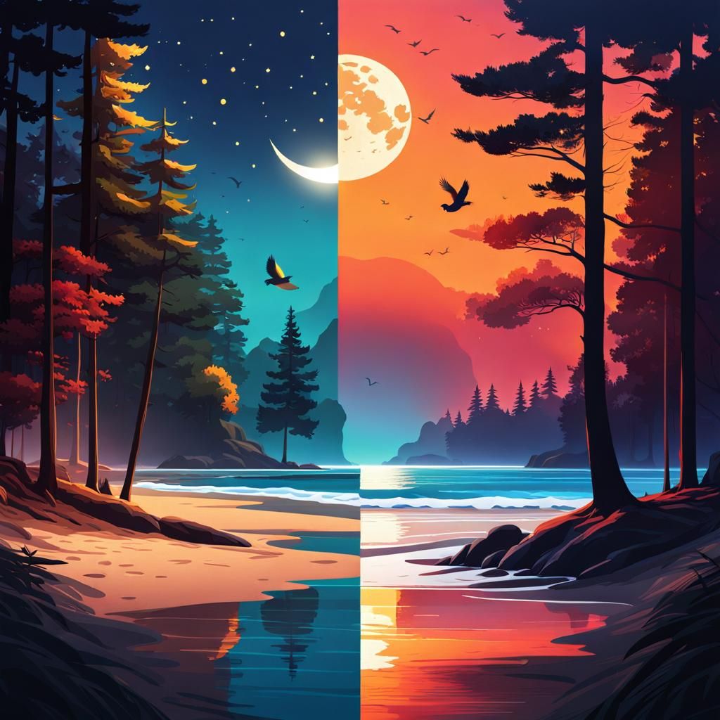 Day and Night Split Screen Cinematic Concept Art