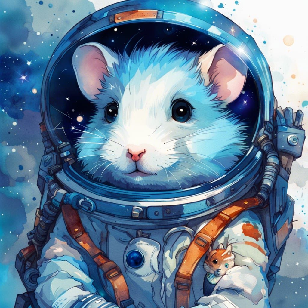 Anime Hamster Astronaut Portrait in Watercolor Style