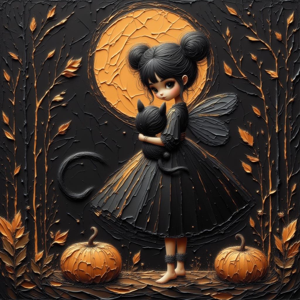 Moonfairy Portrait with Black Cat, Autumn Harvest Moon