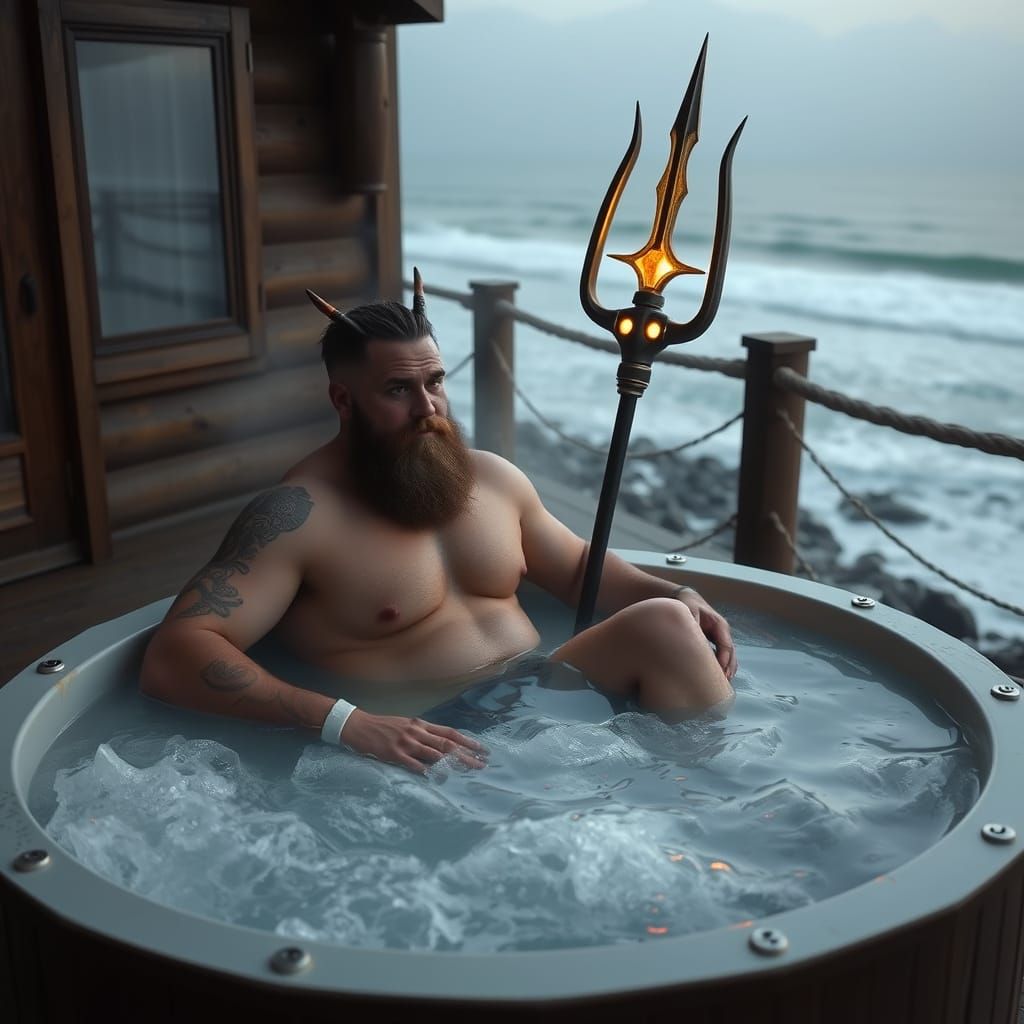 God of the Sea Relaxing in a Seaside Hot Tub