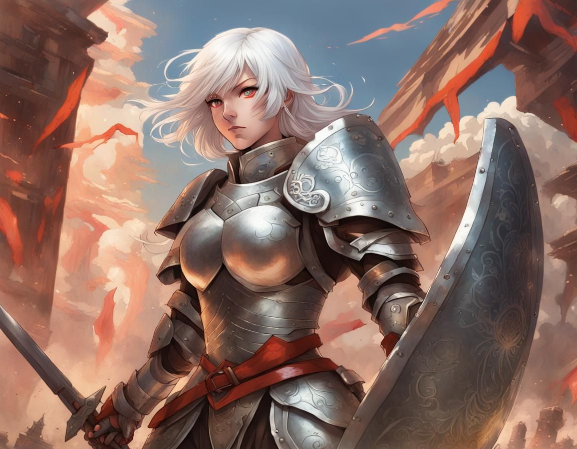 Armored Warrior Girl with Shield, Anime Style