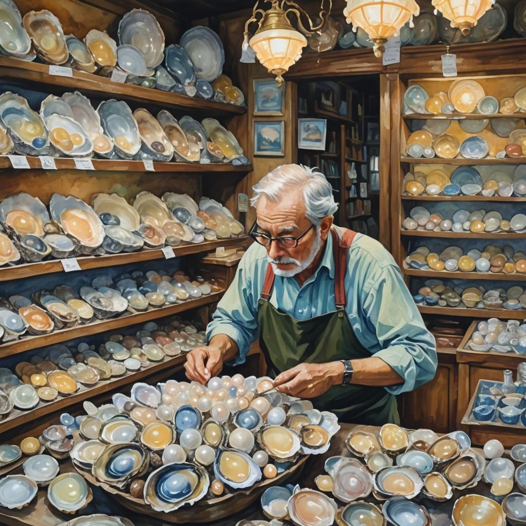 Man Buys Pearl in Gouache Impressionist Style