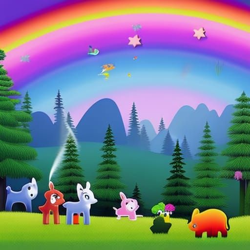 Colorful Forest Scene with Animals and Rainbow