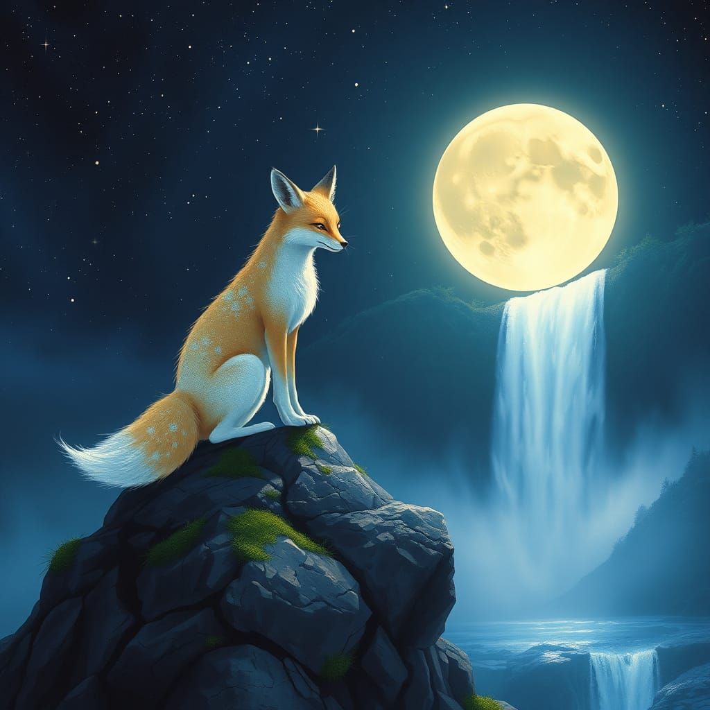 Ethereal Glass Fox Under Full Moon, Mystical Surrealism