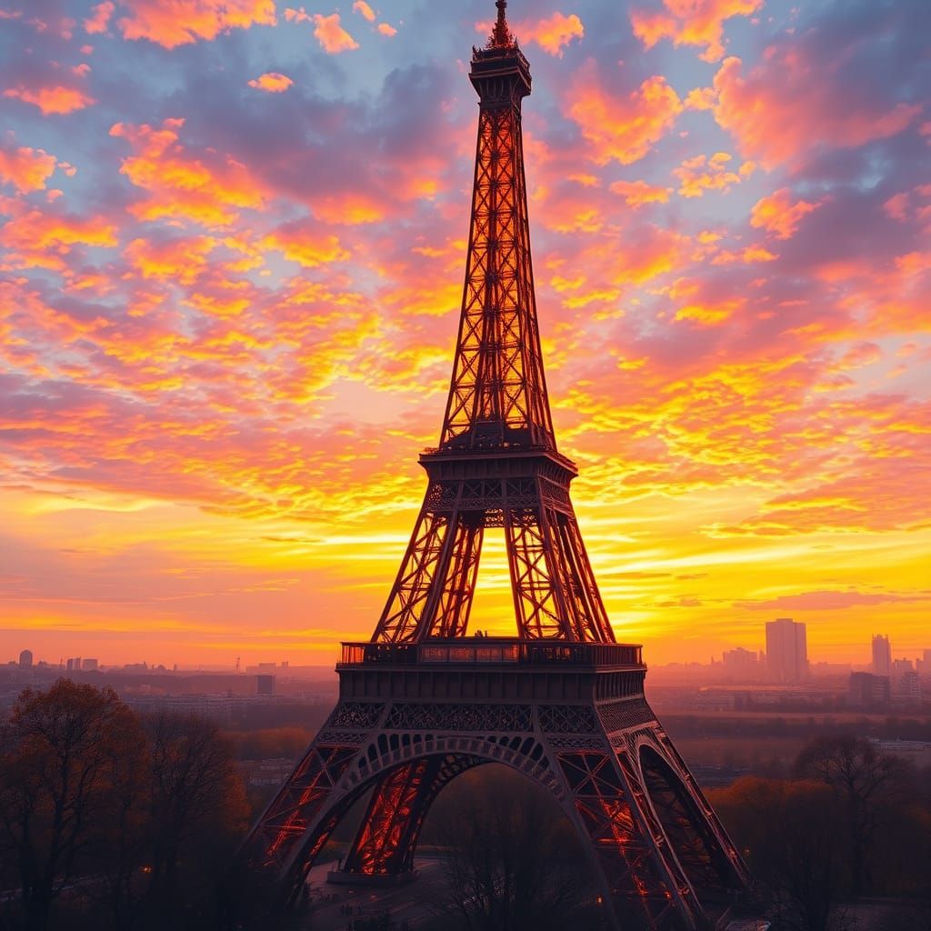Romantic Sunset on the Eiffel Tower in Impressionist Style
