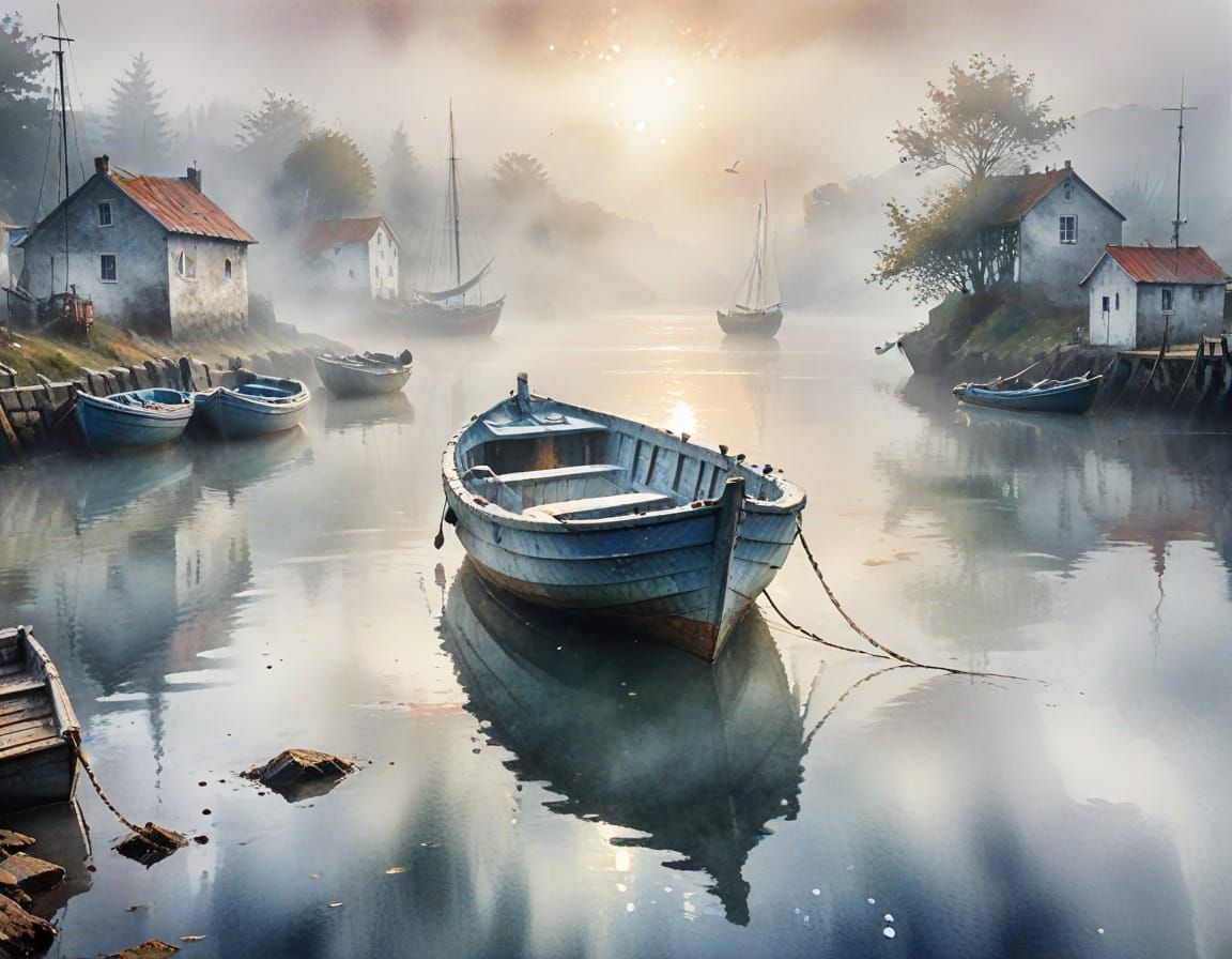 Misty Harbor: Old Boat in Watercolor Style