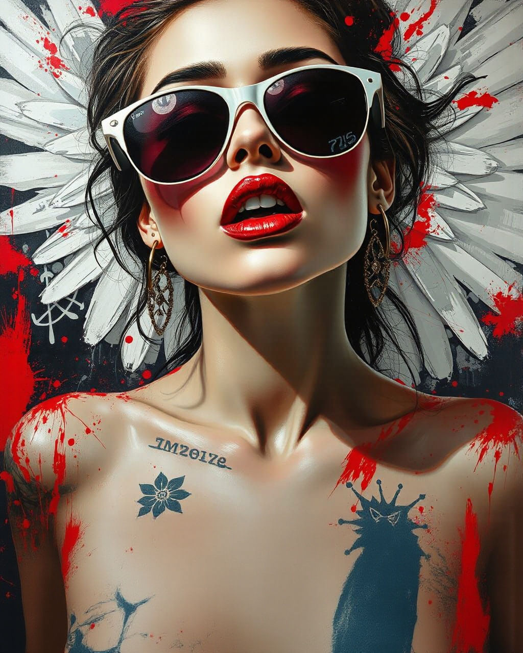 Glamorous Woman with Tattoo in Abstract Expressionism Style