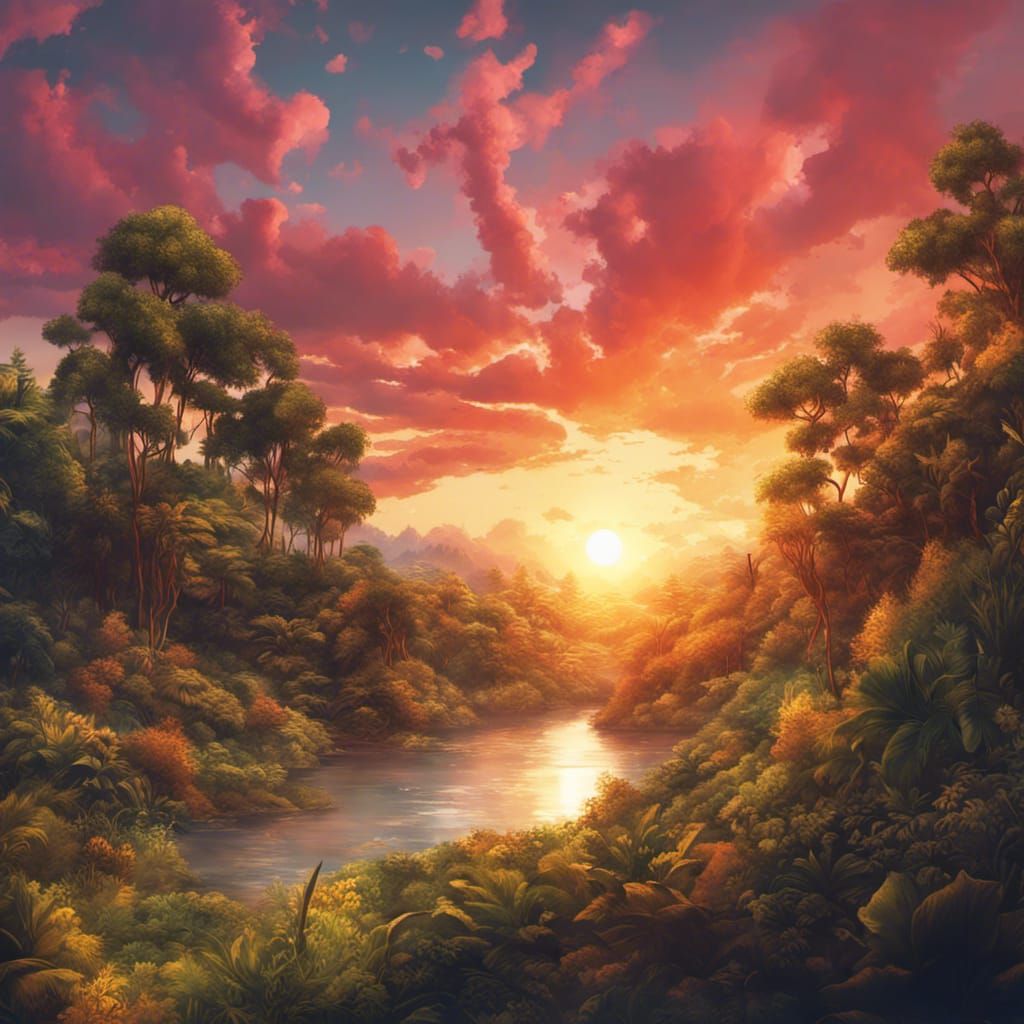 Hyperrealistic Sunset with Lush Nature in Splash Art
