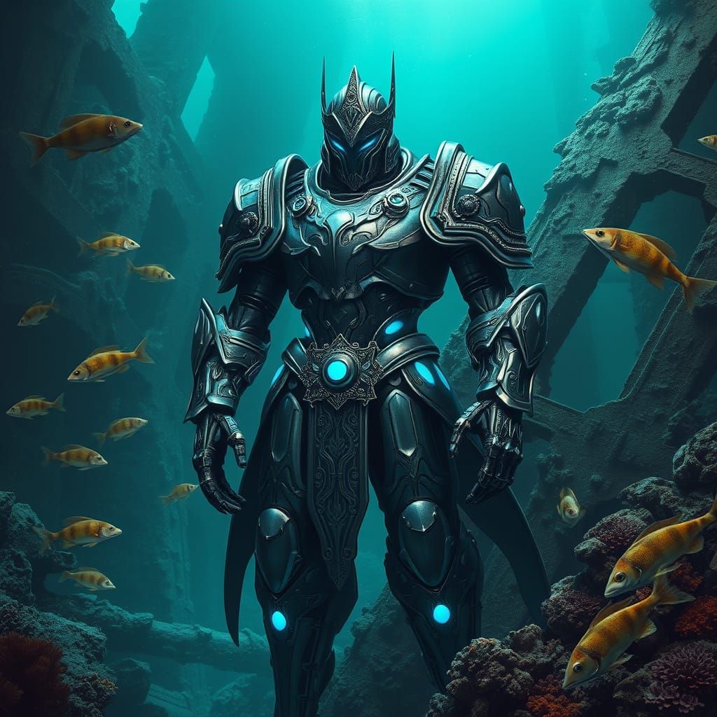 Cyberpunk Mech Knight Amidst Underwater Ruins